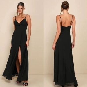 Lulus Upscale Perfection Black Chiffon Pleated Maxi Dress L Wedding Party Formal